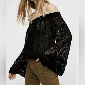 Free People Black Velvet Off Shoulder Burnout Boho Off The Shoulder Top